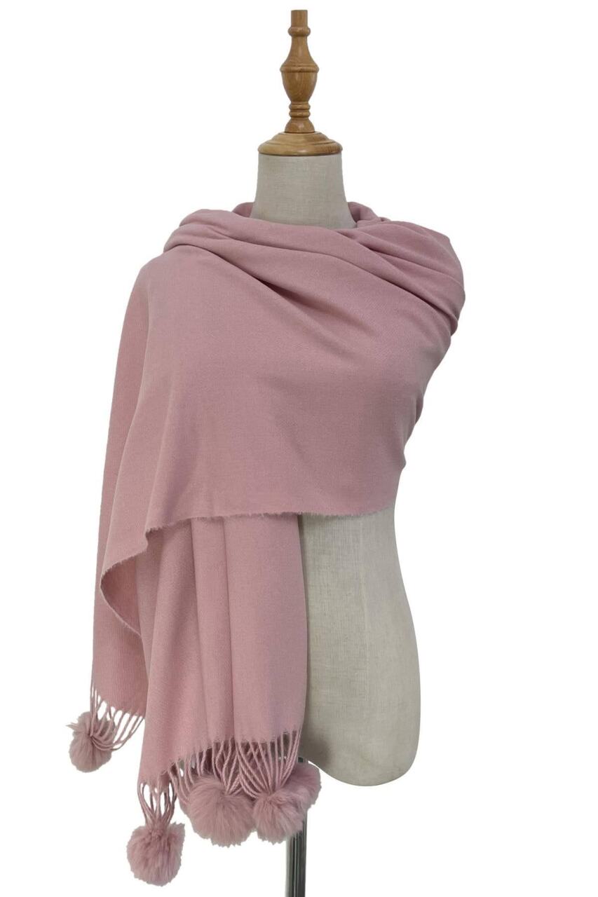 Pink Wool Blend Scarf With Pom-Poms