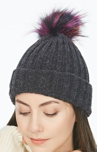Grey Cable Knit Pom-Pom Beanie Hat
