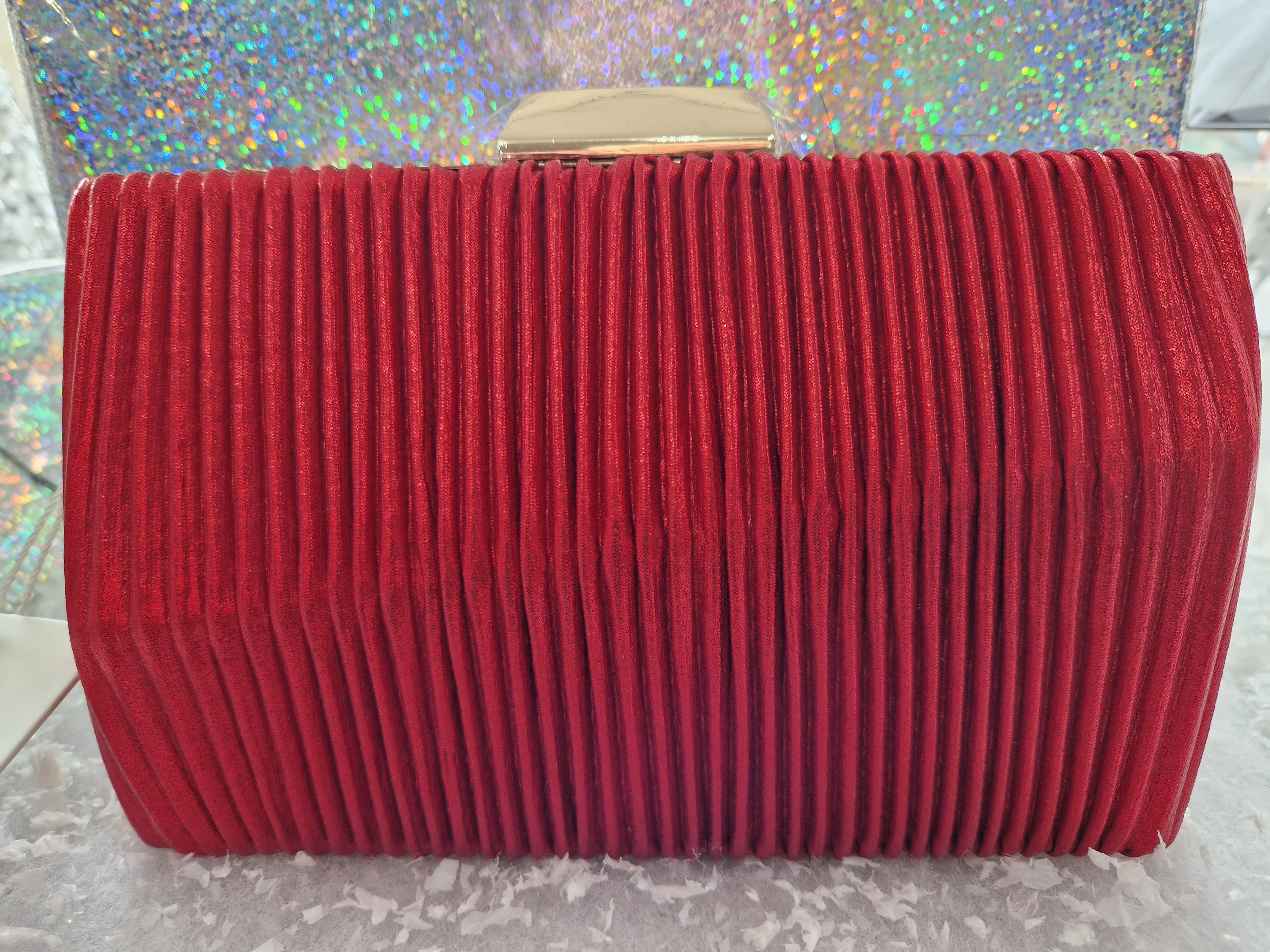 Red Pleated Silk Crystal Clutch Bag