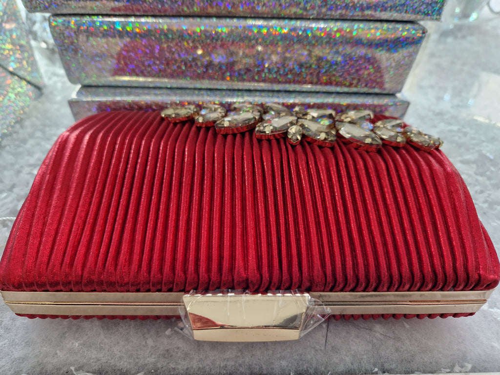 Red Pleated Silk Crystal Clutch Bag