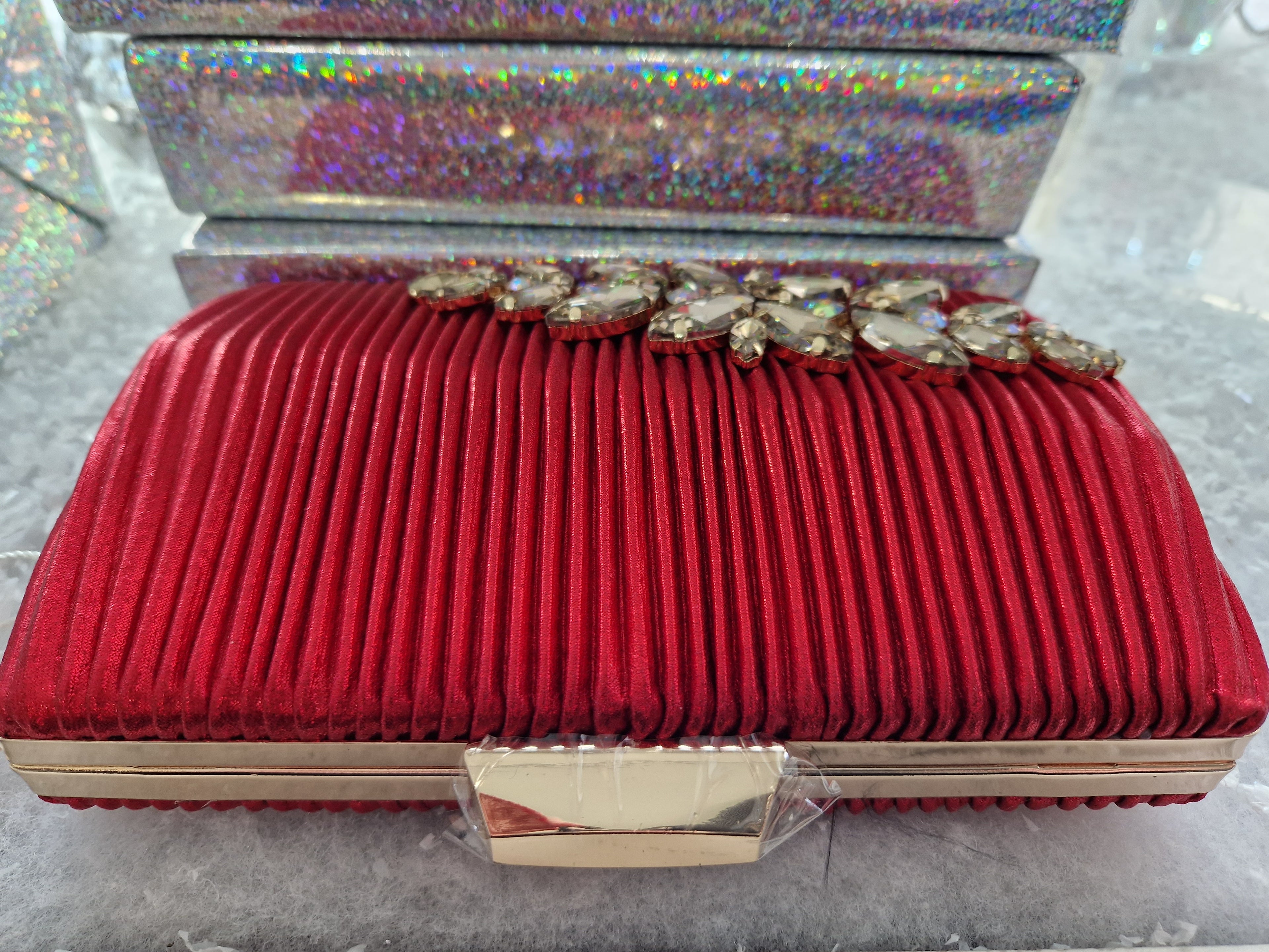 Red Pleated Silk Crystal Clutch Bag