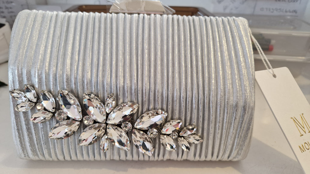 Silver Pleated Silk Crystal Clutch Bag