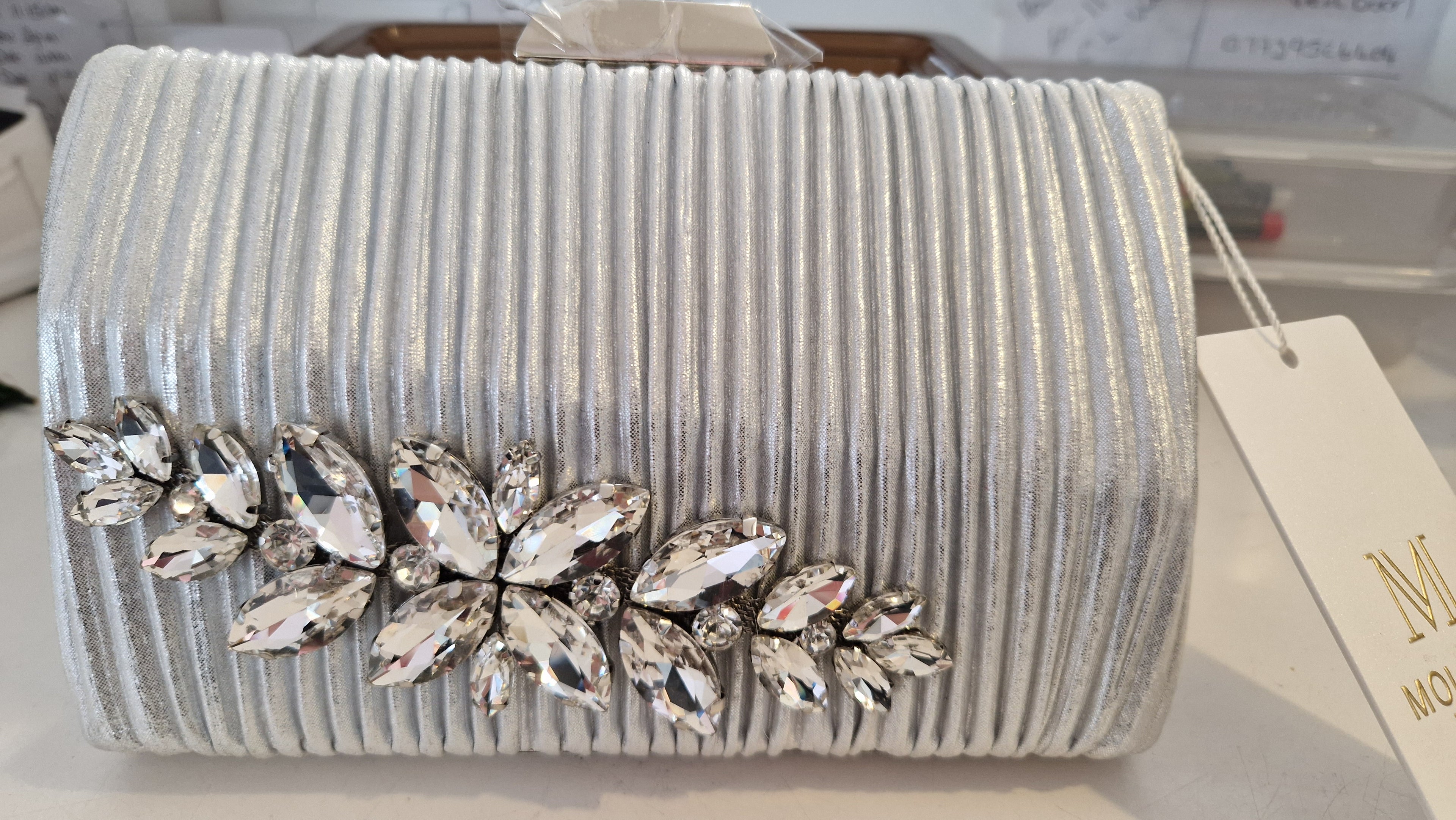 Silver Pleated Silk Crystal Clutch Bag