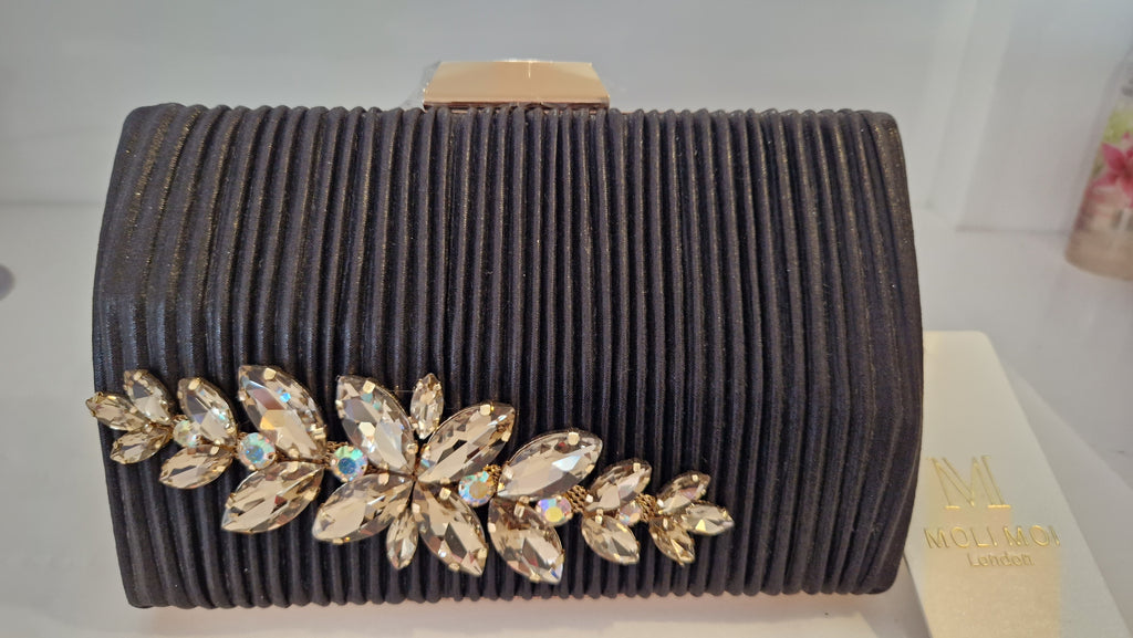 Black Pleated Silk & Crystal Clutch Bag