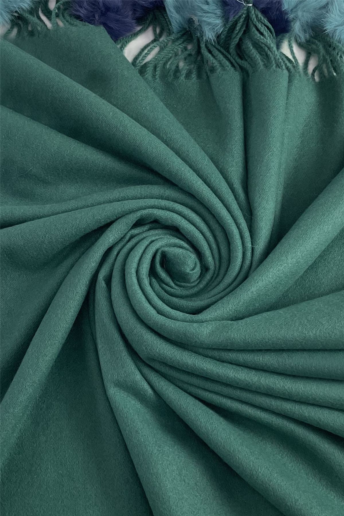 Green Wool Blend Scarf With Pom-Poms