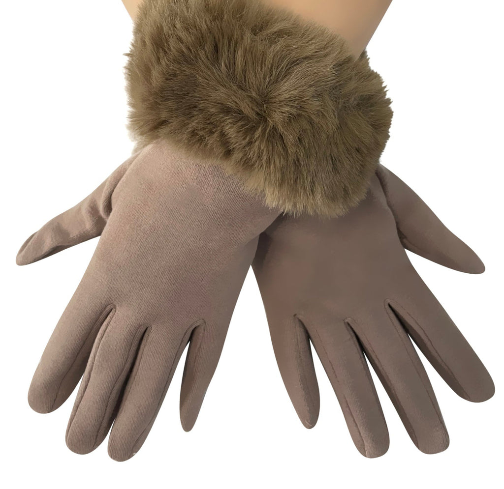 Beige Faux Fur Trim Gloves