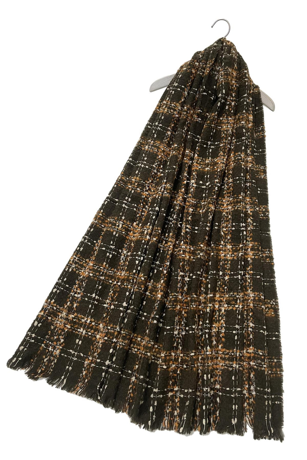 Brown Check Boucle Wool Blend Scarf