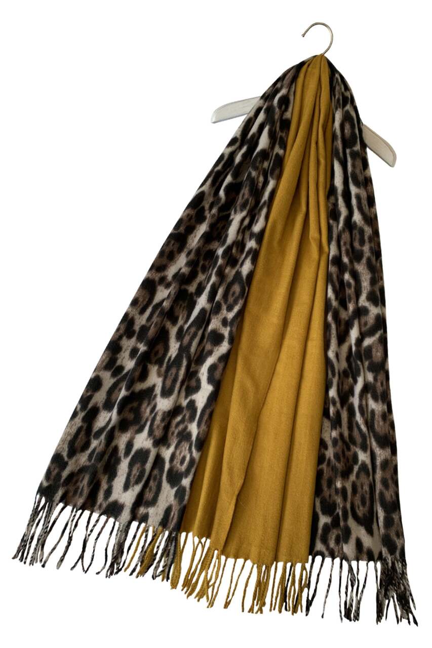 Mustard Block & Brown/Cream Tiger Print Wool Blend Scarf
