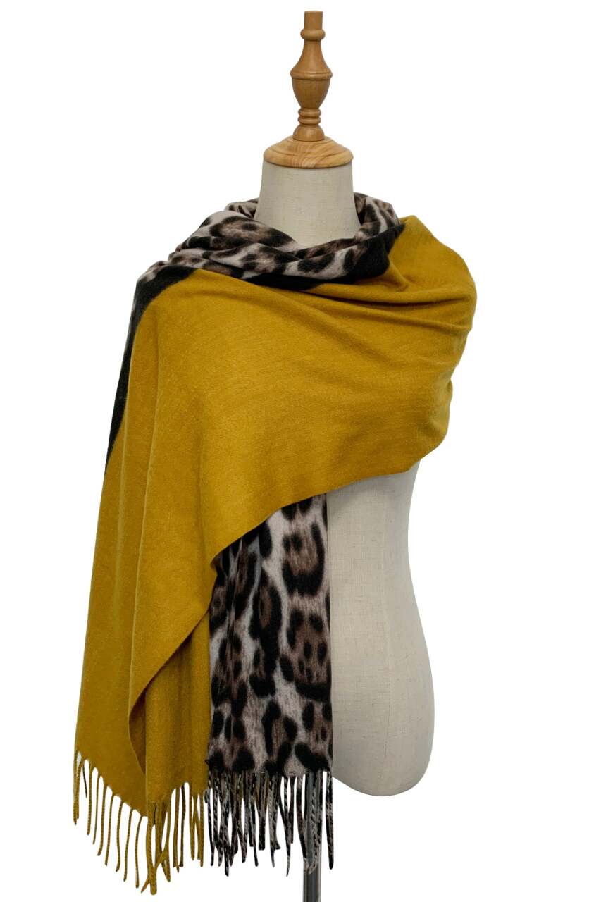 Mustard Block & Brown/Cream Tiger Print Wool Blend Scarf
