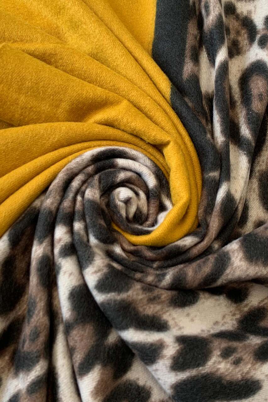 Mustard Block & Brown/Cream Tiger Print Wool Blend Scarf