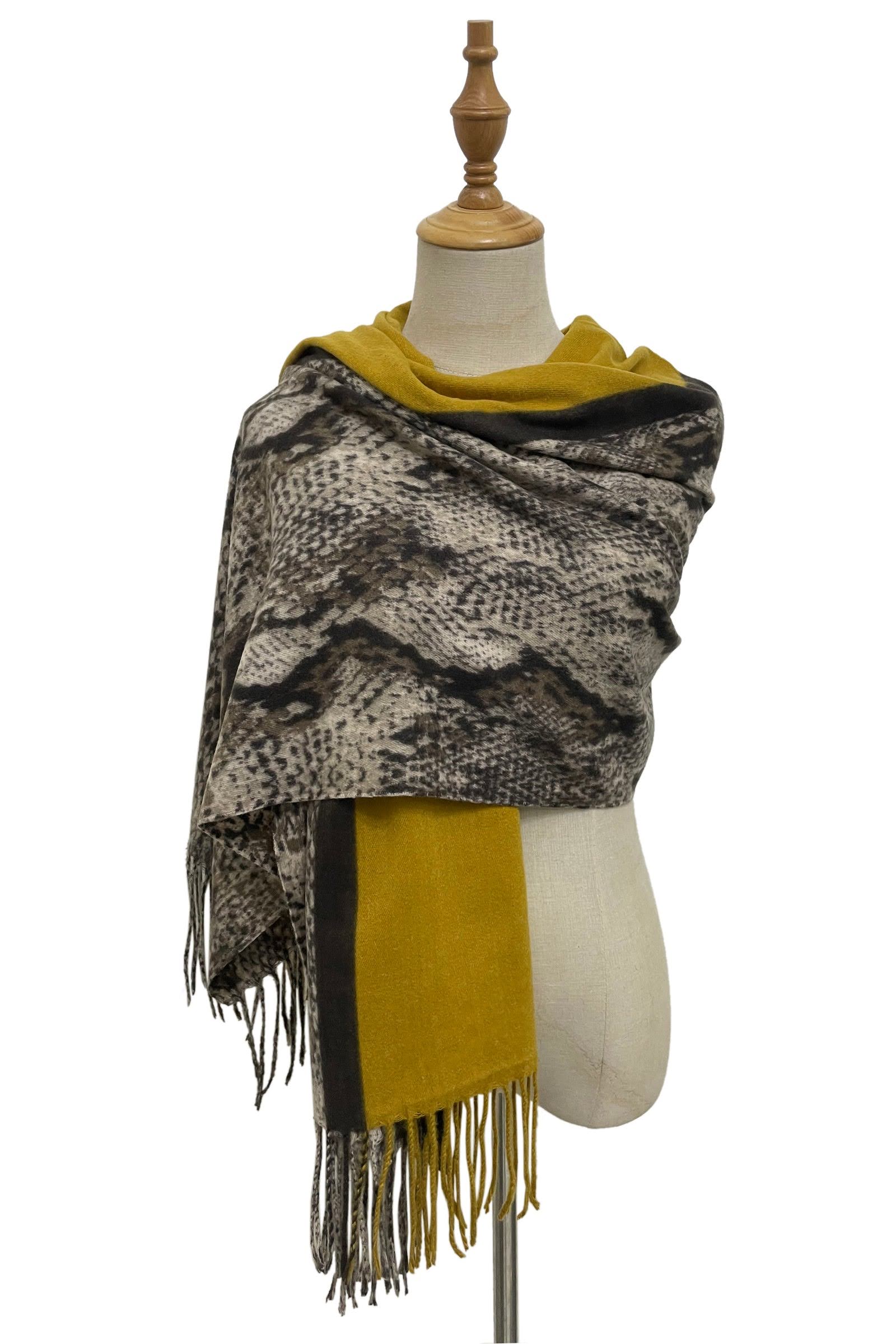 Mustard & Brown Snakeskin Print Wool Blend Scarf