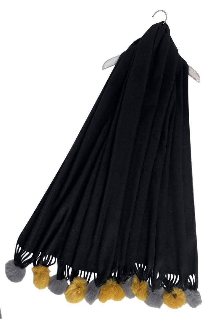 Black Wool Blend Scarf With Coloured Pom-Poms