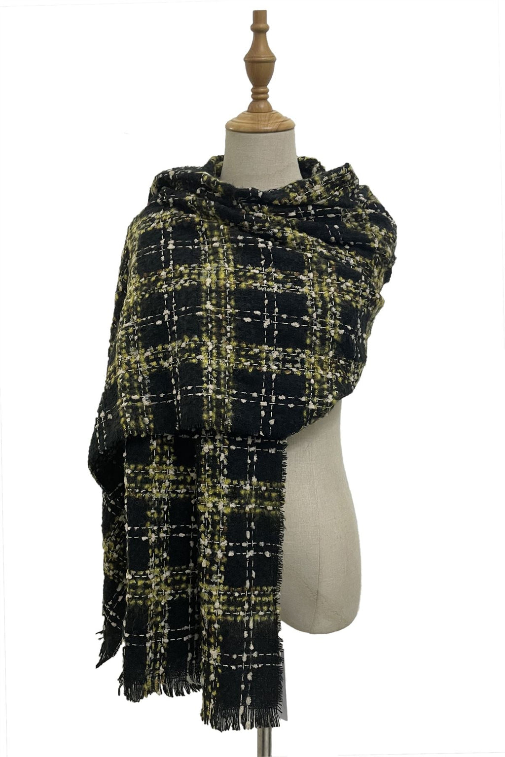 Green & Black Check Boucle Wool Blend Scarf