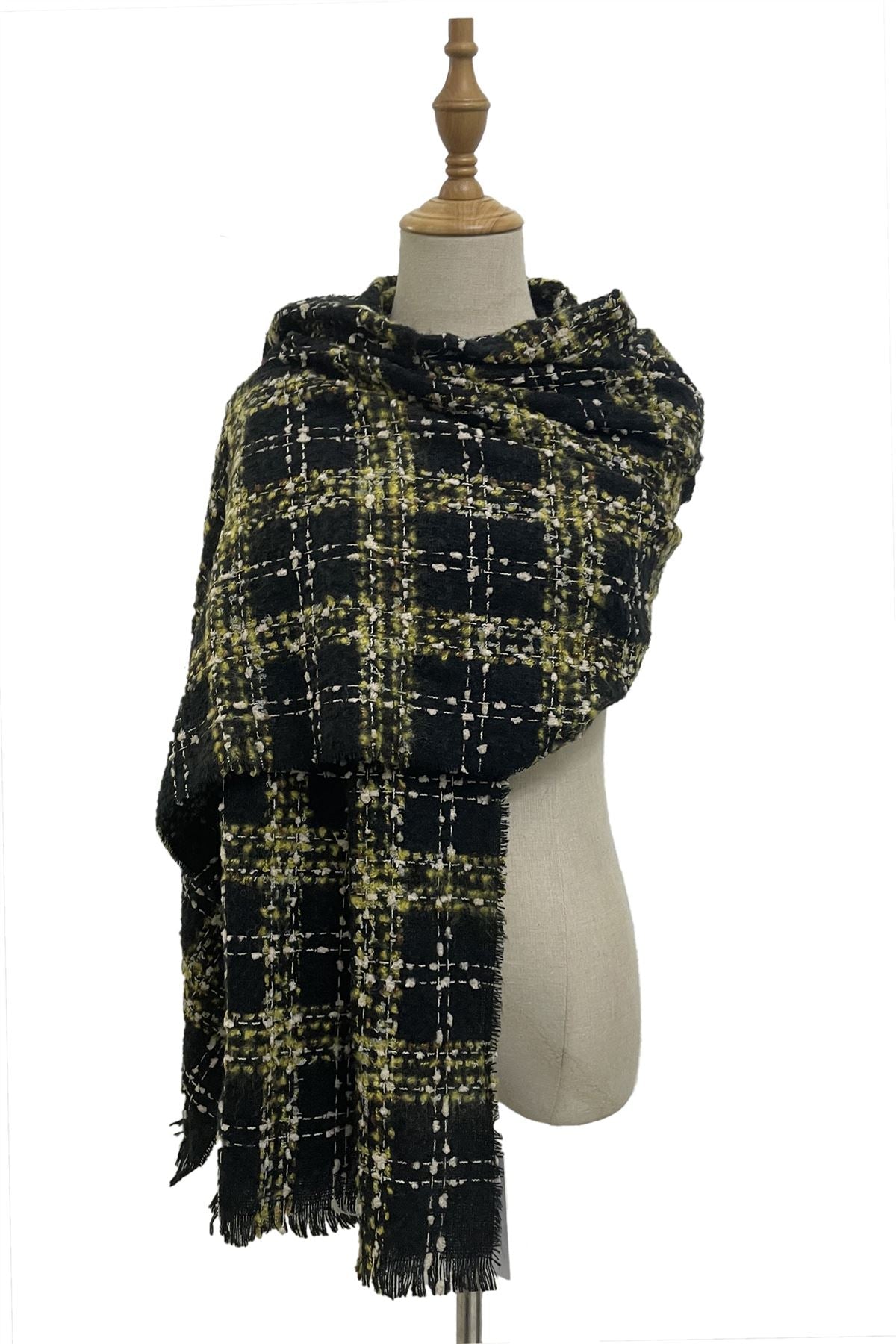 Green & Black Check Boucle Wool Blend Scarf