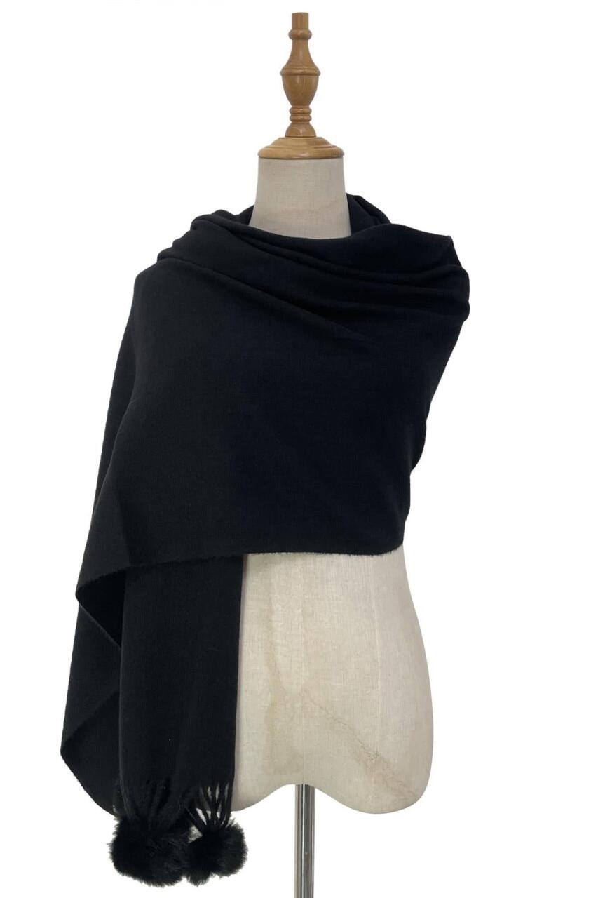 Black Wool Blend Scarf With Coloured Pom-Poms