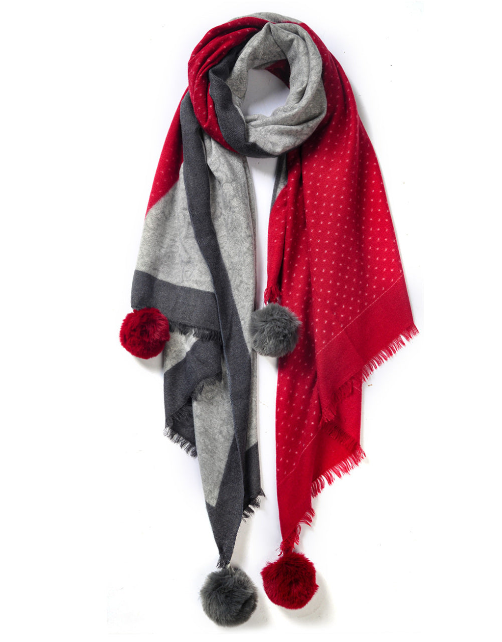 Red & Grey Cashmere Blend Scarf With Pom-Poms