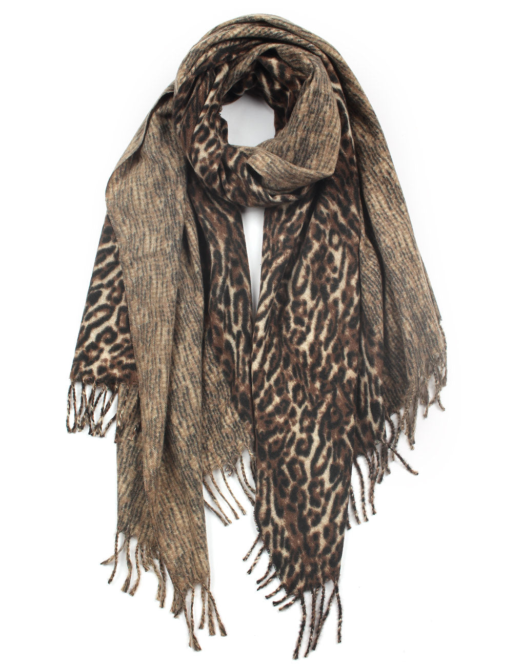 Brown Leopard Print Fringed Wool Blend Scarf