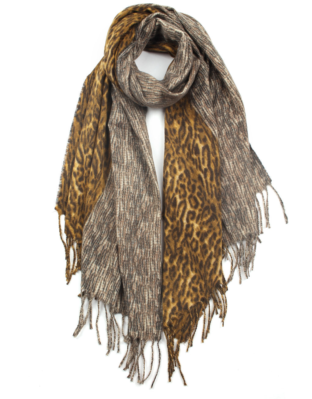Mustard & Brown Leopard Print Wool Blend Scarf