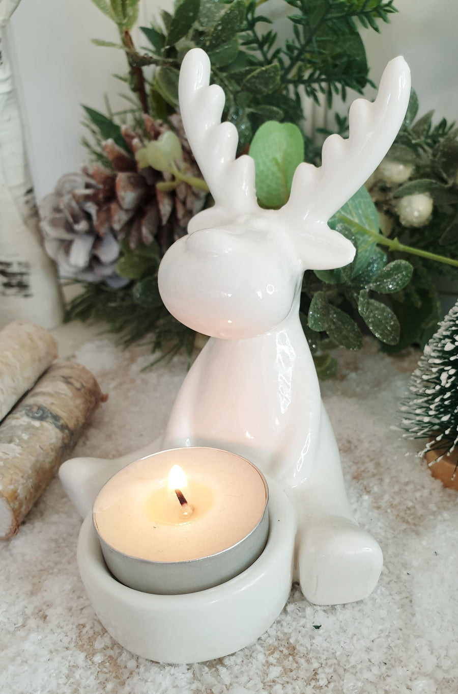 Ceramic White Reindeer Tealight Holder