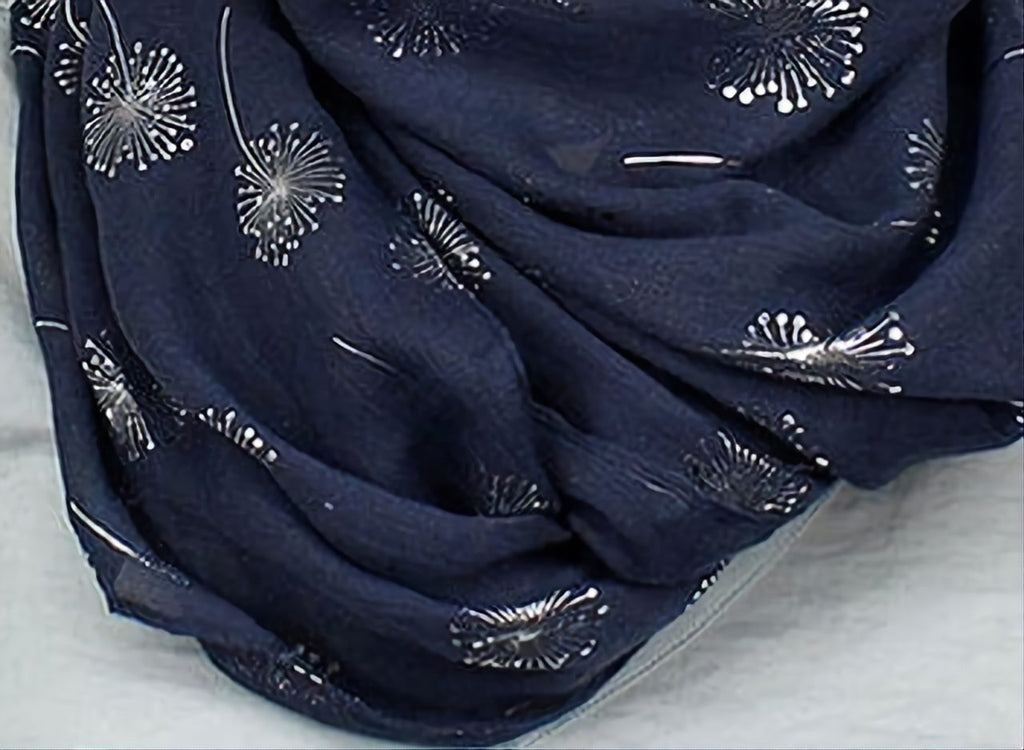Navy & Silver Foil Dandelion Print Scarf