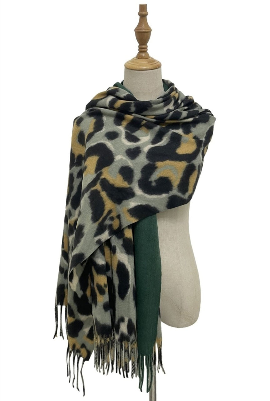 Green Block & Mustard/Black Tiger Print Wool Blend Scarf