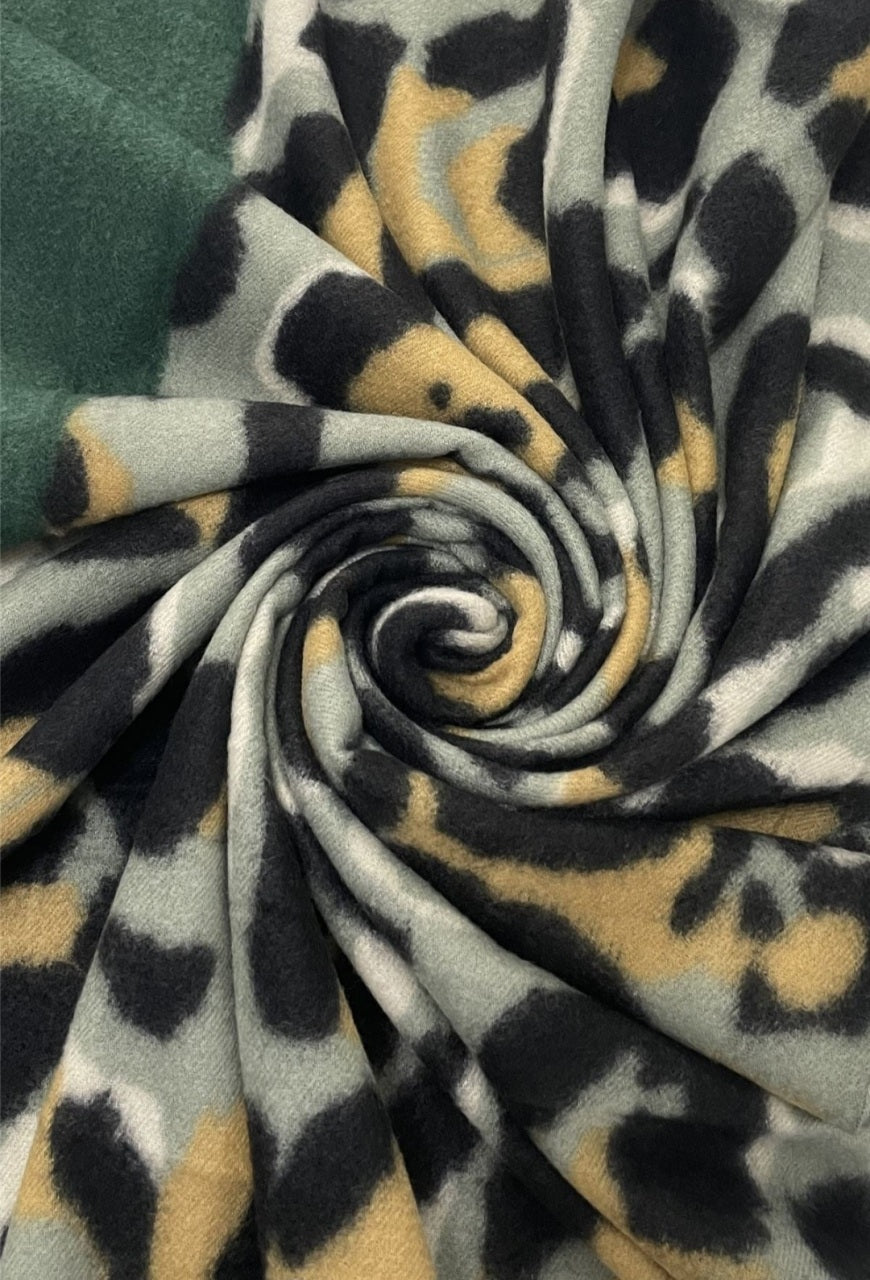 Green Block & Mustard/Black Tiger Print Wool Blend Scarf