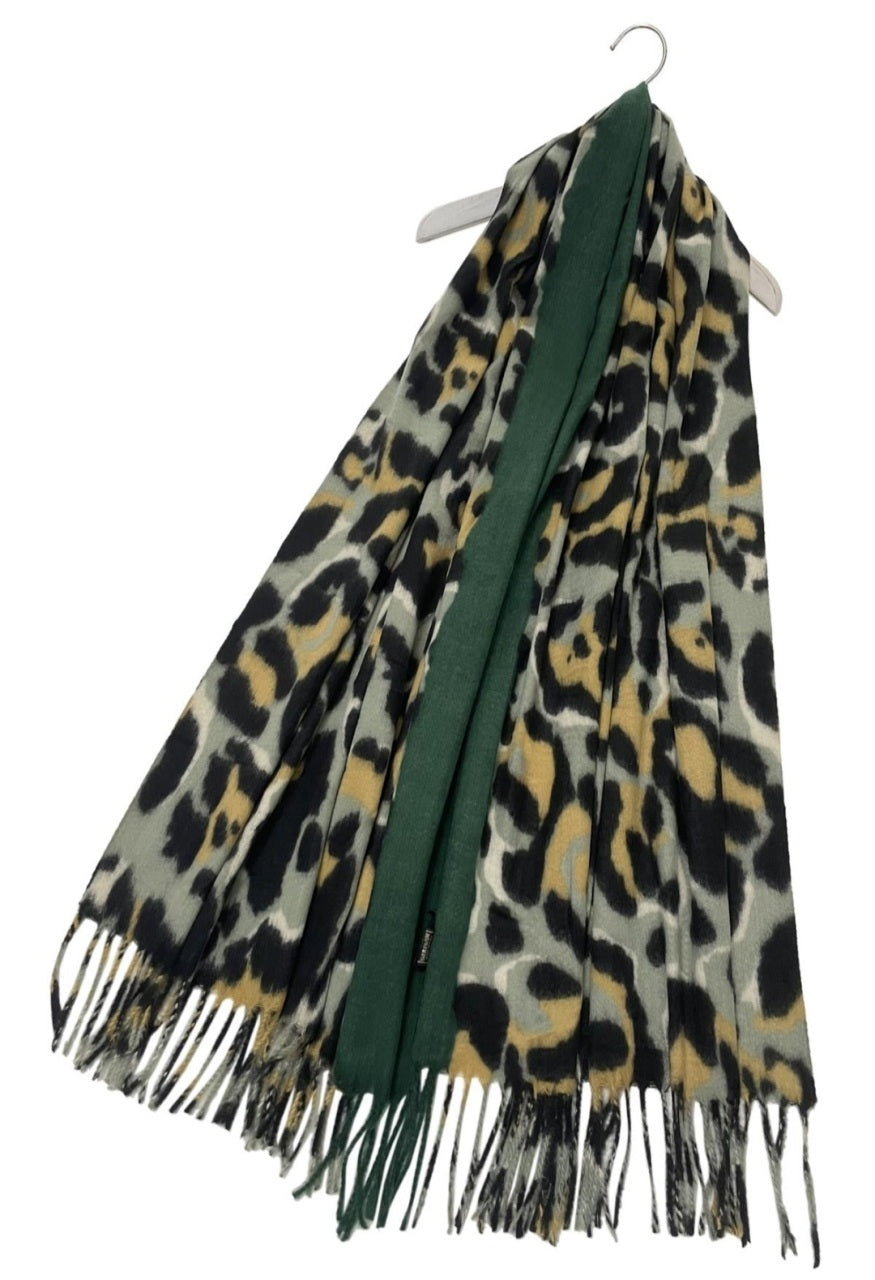 Green Block & Mustard/Black Tiger Print Wool Blend Scarf