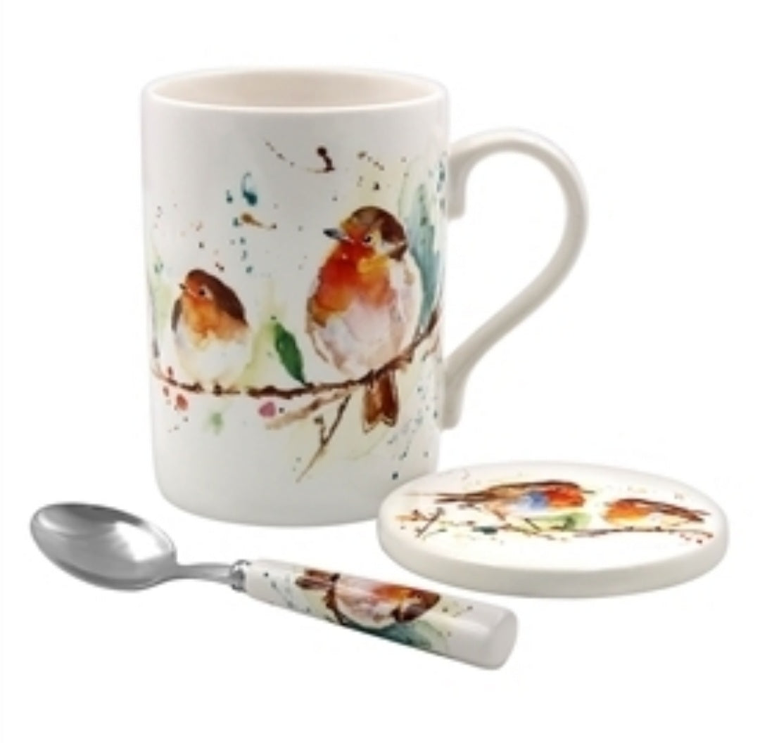 Festive Robin Mug & Coaster With Spoon