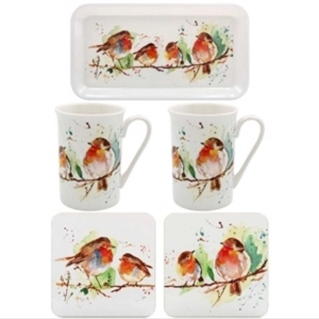 Festive Robin Mugs, Coasters & Tray Set