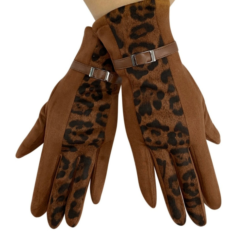 Brown Leopard Print Suede Gloves