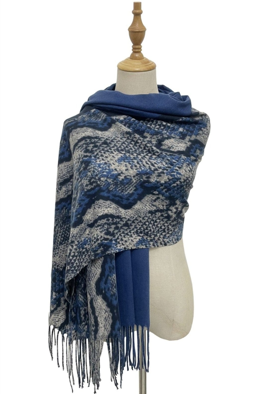 Blue & Grey Snakeskin Print Wool Blend Scarf