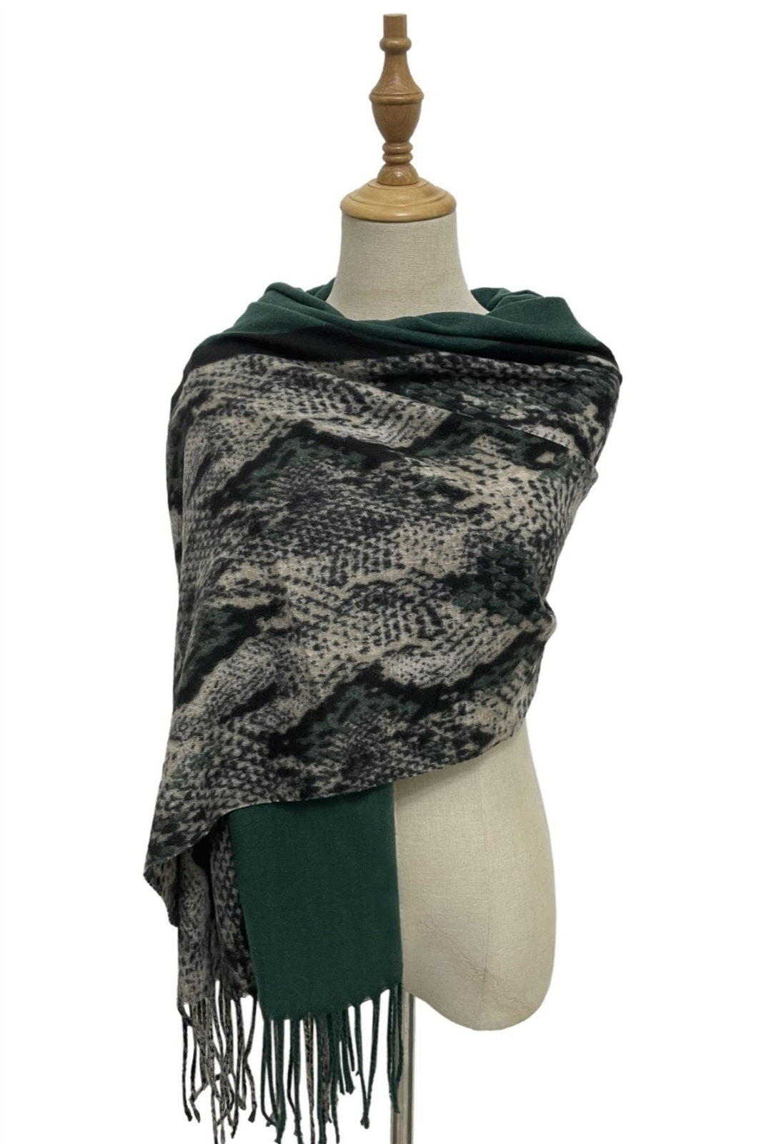 Green & Black Snakeskin Print Wool Blend Scarf