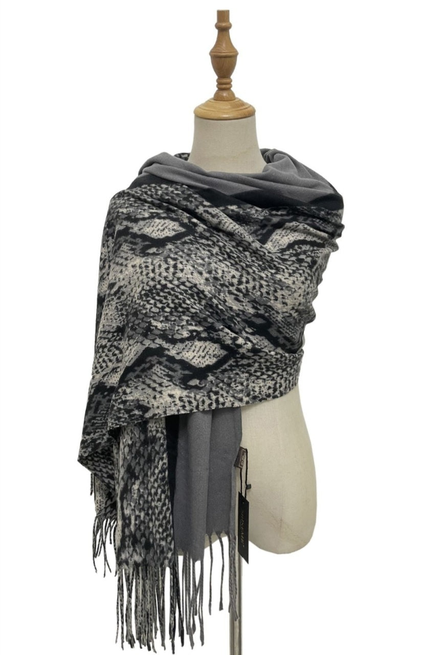 Grey Colour Block & Snakeskin Print Wool Blend Scarf