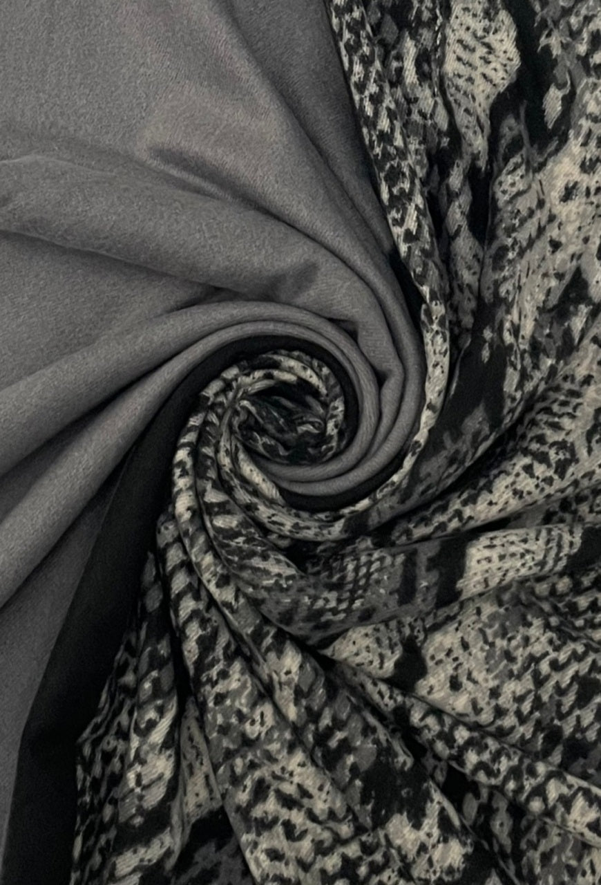 Grey Colour Block & Snakeskin Print Wool Blend Scarf