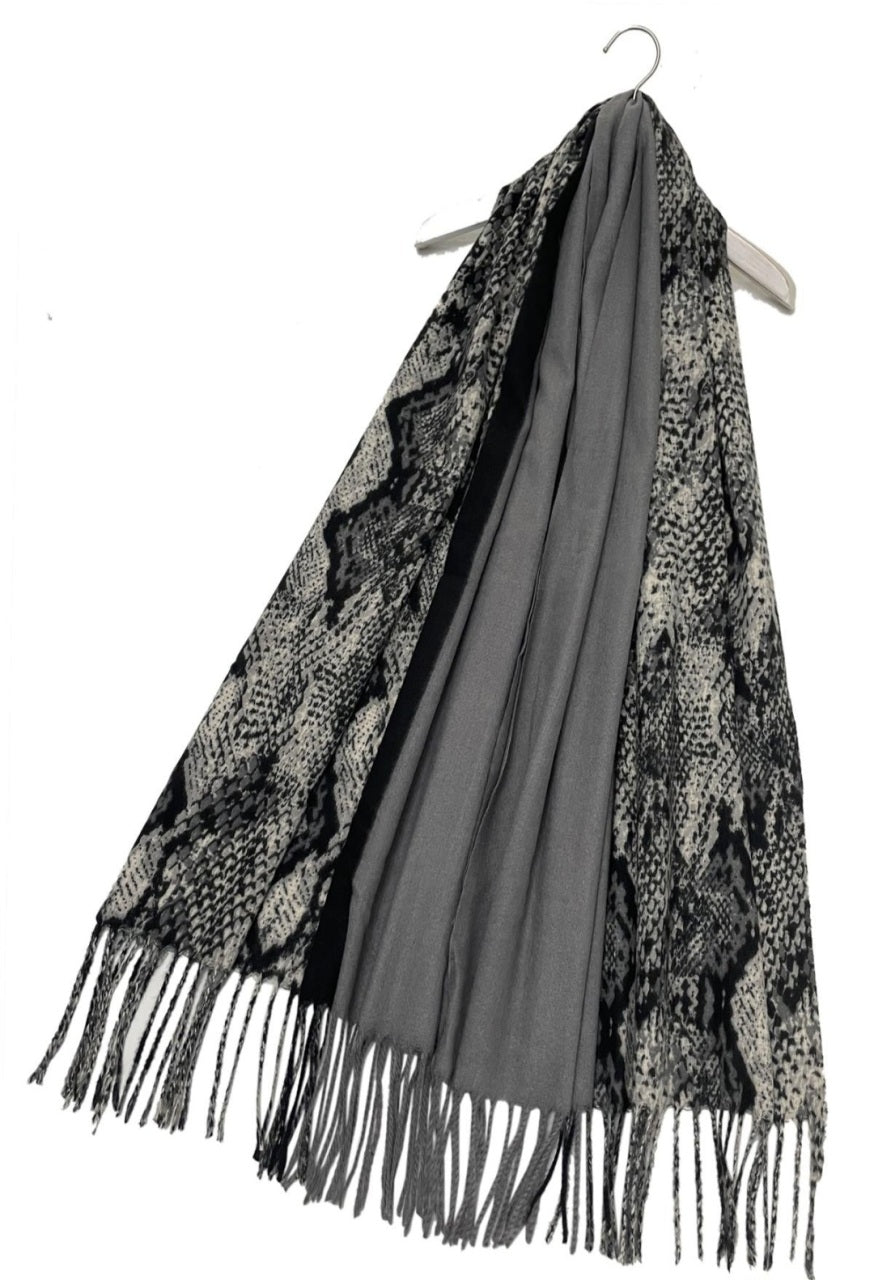 Grey Colour Block & Snakeskin Print Wool Blend Scarf