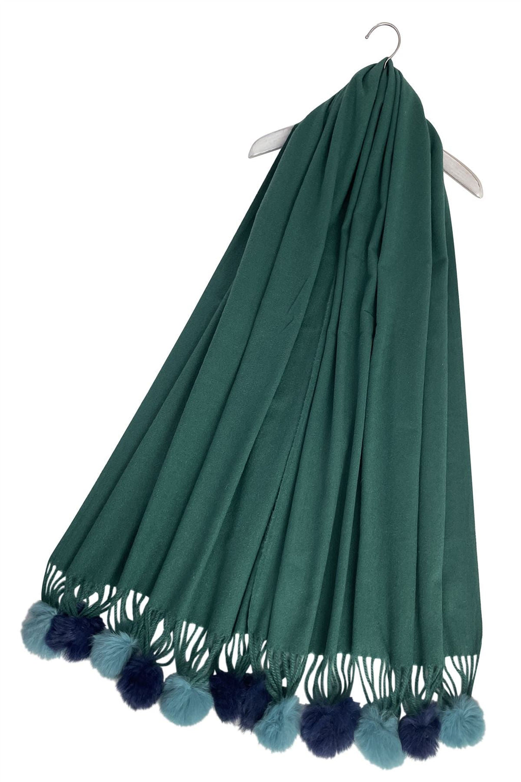 Green Wool Blend Scarf With Pom-Poms