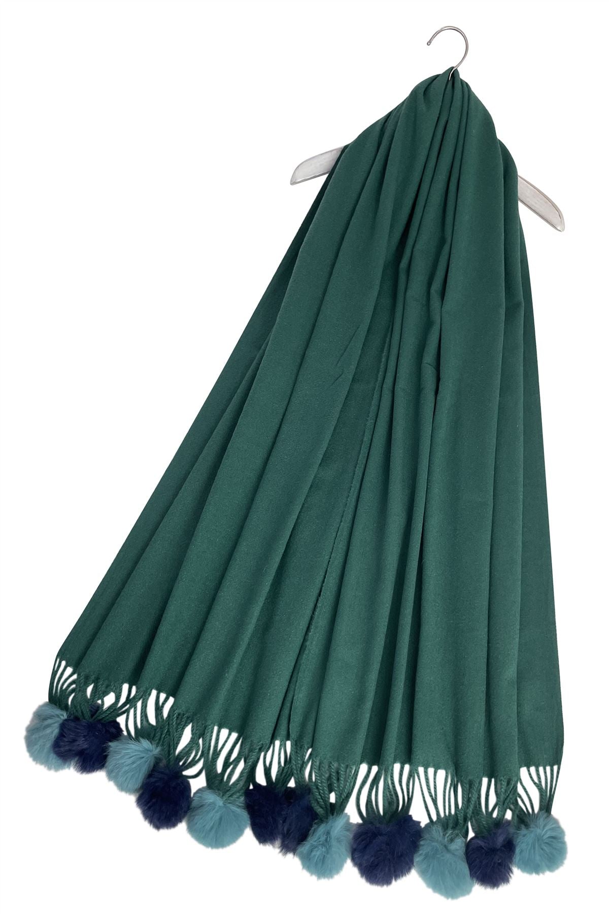 Green Wool Blend Scarf With Pom-Poms