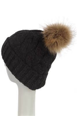 Dark Grey Beanie Hat With Brown Fur Pom-Pom
