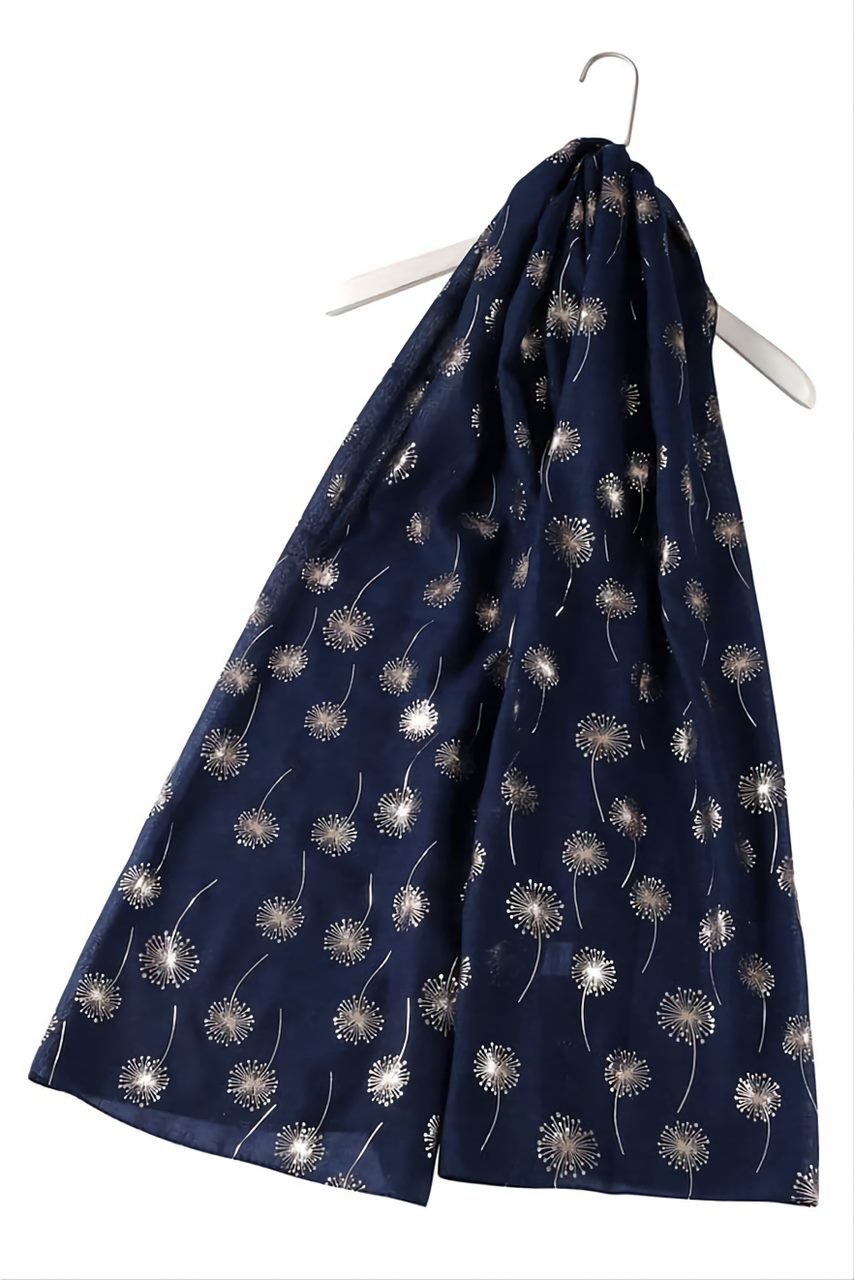 Navy & Silver Foil Dandelion Print Scarf