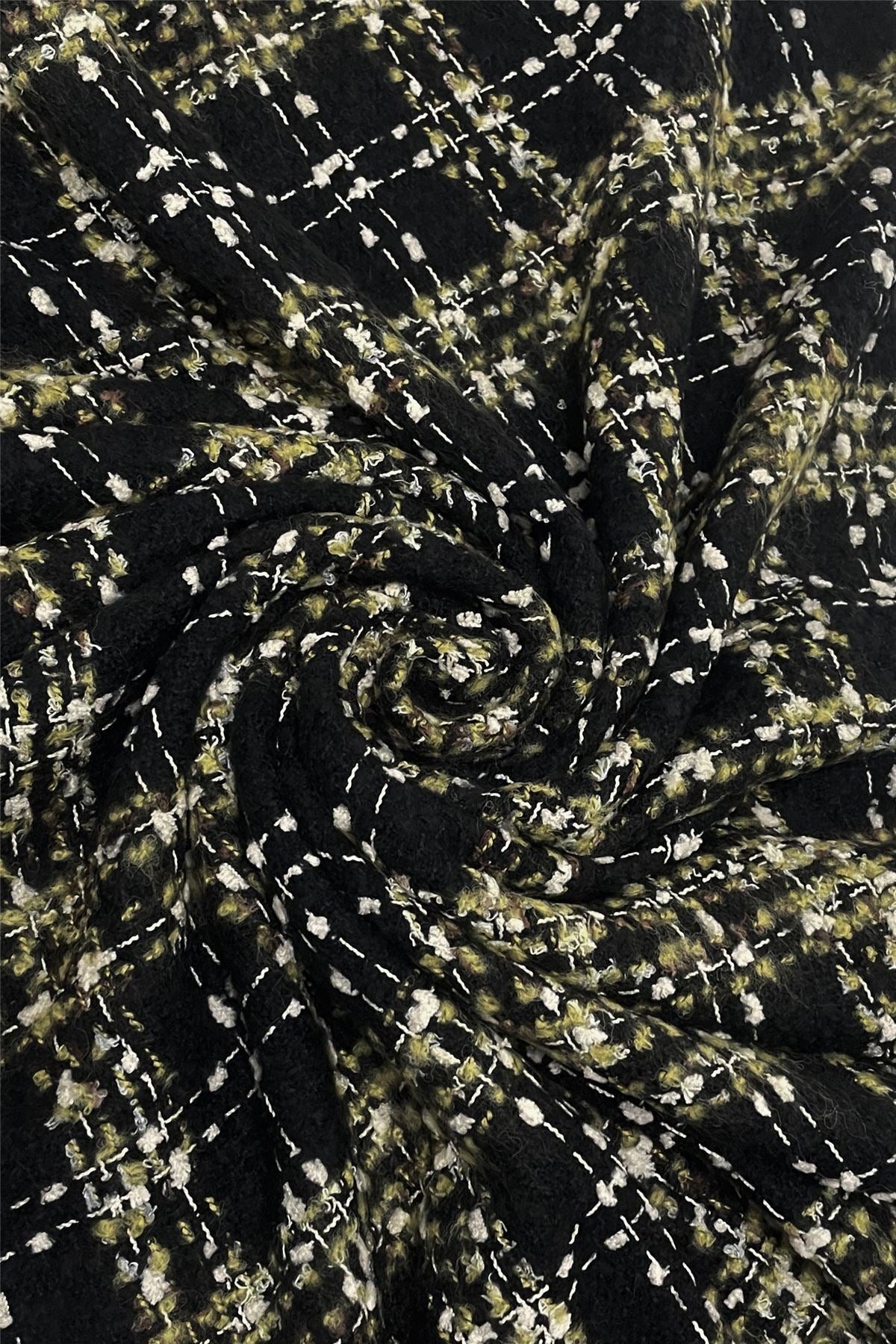 Green & Black Check Boucle Wool Blend Scarf