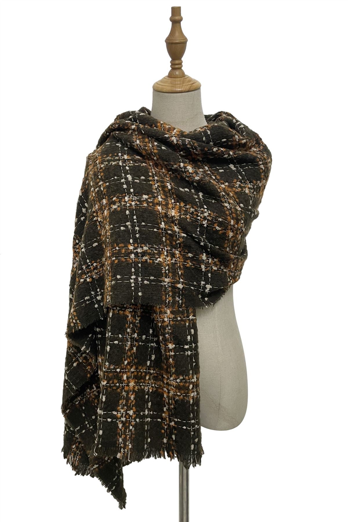 Brown Check Boucle Wool Blend Scarf