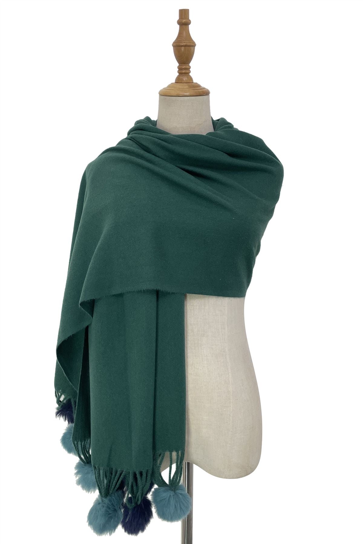 Green Wool Blend Scarf With Pom-Poms