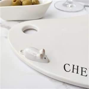 White Ceramic Cheese Board With Decorative Mouse Figure