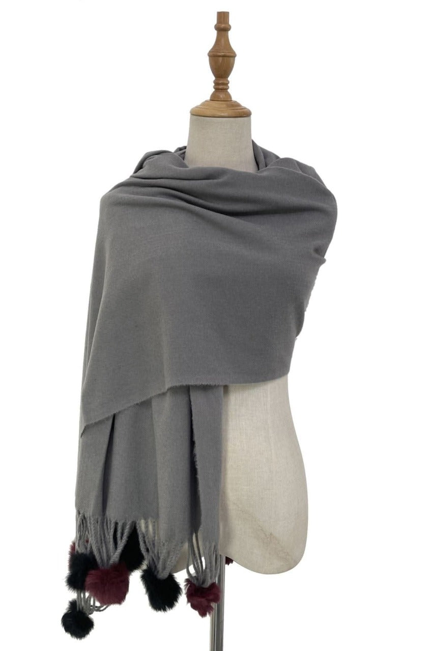 Grey Wool Blend Scarf With Coloured Pom-Poms