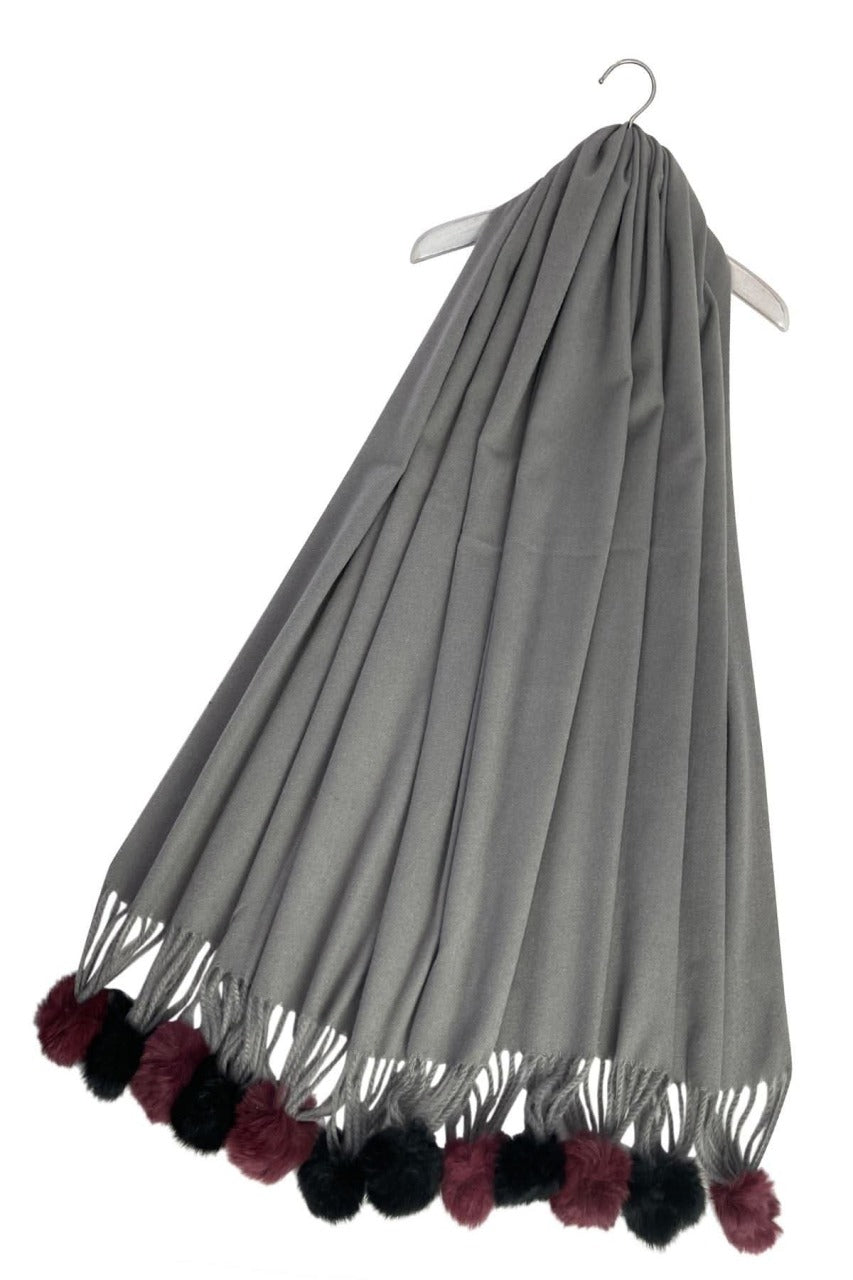 Grey Wool Blend Scarf With Coloured Pom-Poms